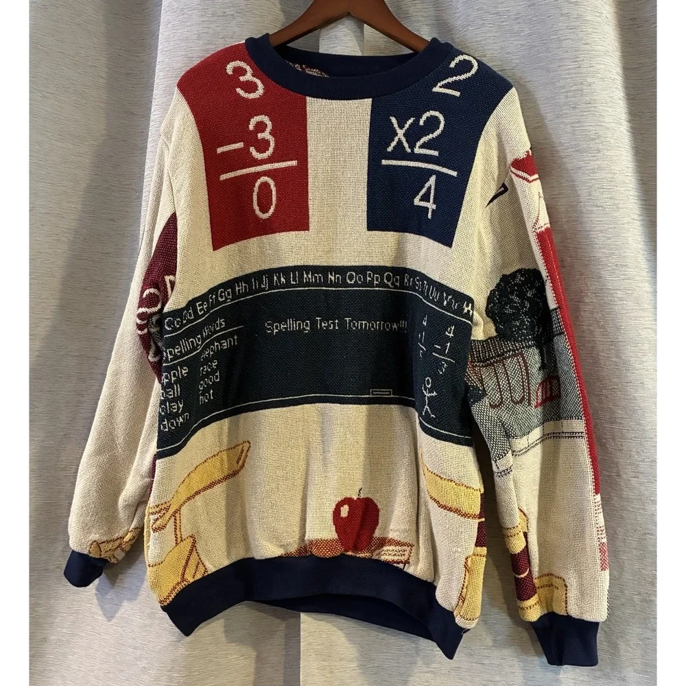 Sugar Street Weavers Classroom Teacher Knit Sweater One Size VTG‎ Tapestry Math